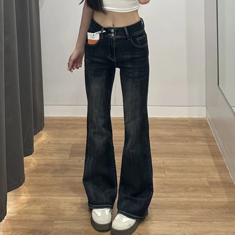 145小個子修身顯瘦藍灰色微喇牛仔褲女新款彈力雙扣設計喇叭褲子