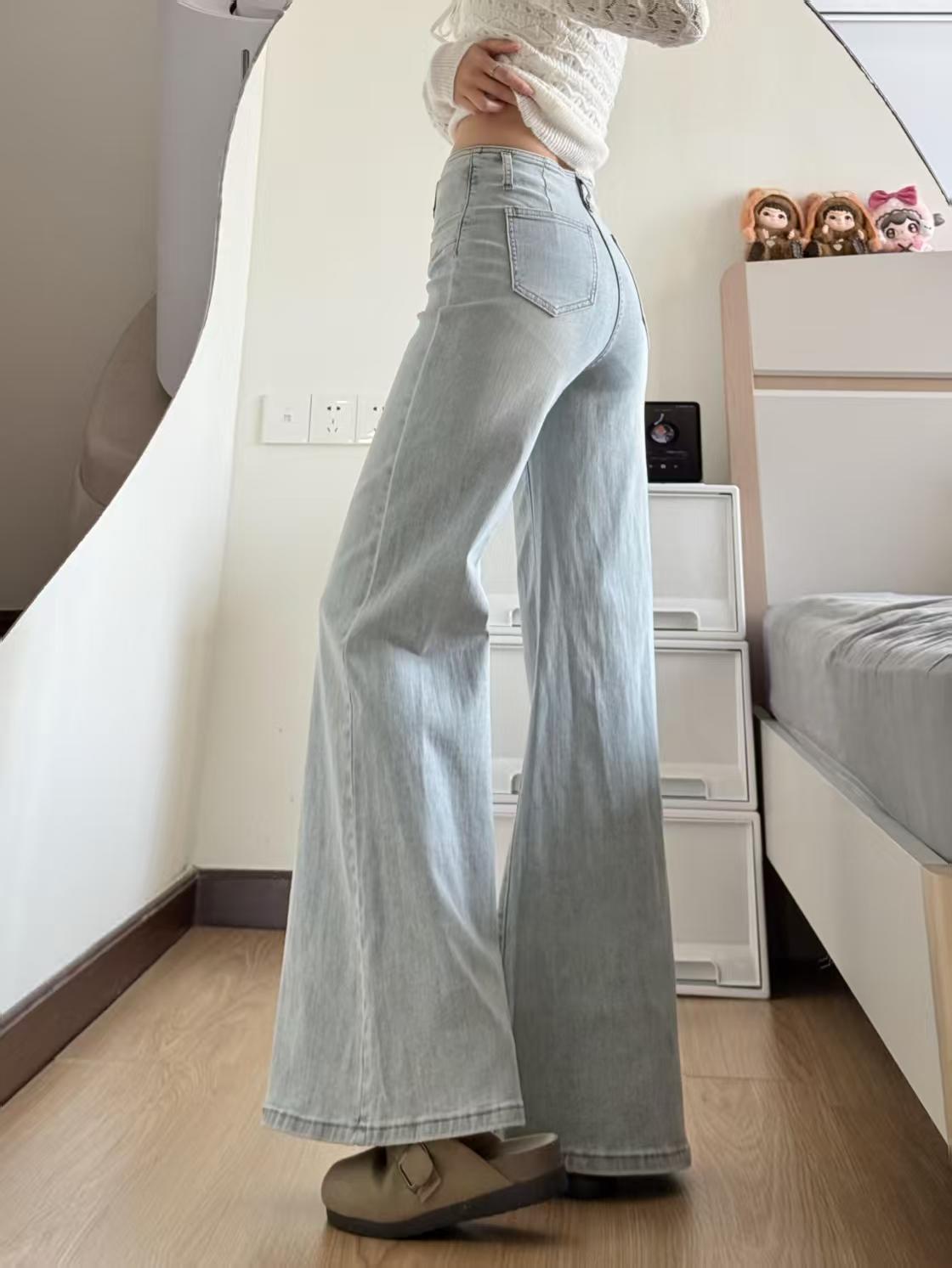 小個子高街淺藍色彈力微喇牛仔褲女設計感寬松顯瘦百搭馬蹄喇叭褲