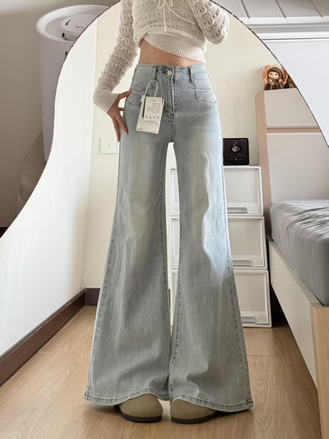 小個子高街淺藍色彈力微喇牛仔褲女設計感寬松顯瘦百搭馬蹄喇叭褲