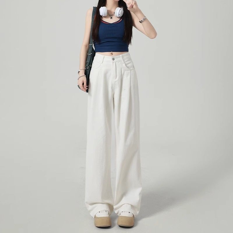 白色寬松顯瘦闊腿牛仔褲女秋季新款韓系慵懶風小眾高腰垂感長褲子