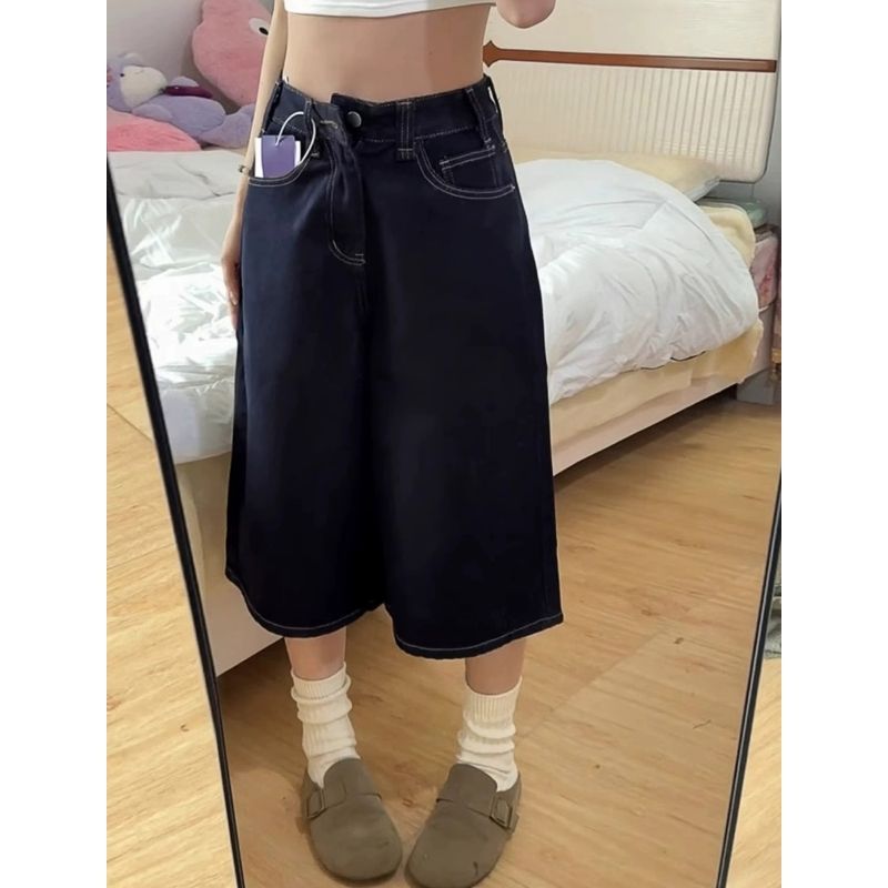 美式深藍色闊腿牛仔七分褲女夏季新款寬松顯瘦梨型身材直筒早褲潮