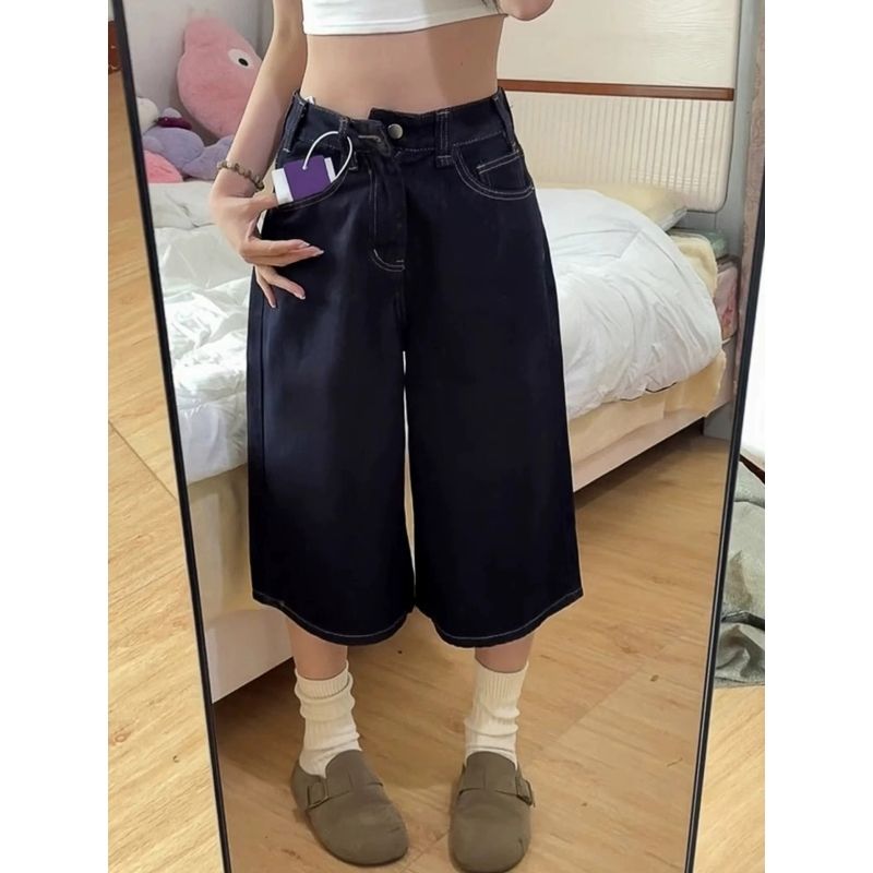 美式深藍色闊腿牛仔七分褲女夏季新款寬松顯瘦梨型身材直筒早褲潮