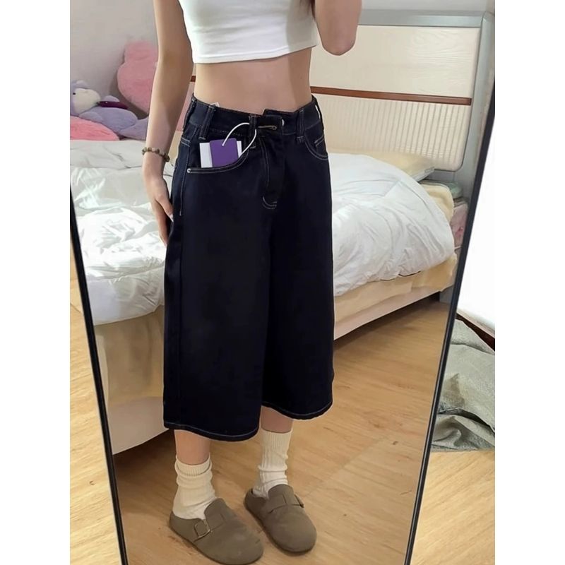 美式深藍色闊腿牛仔七分褲女夏季新款寬松顯瘦梨型身材直筒早褲潮