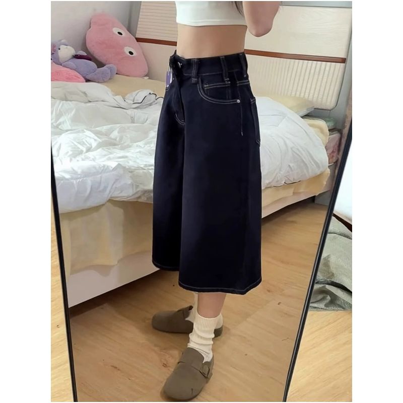 美式深藍色闊腿牛仔七分褲女夏季新款寬松顯瘦梨型身材直筒早褲潮
