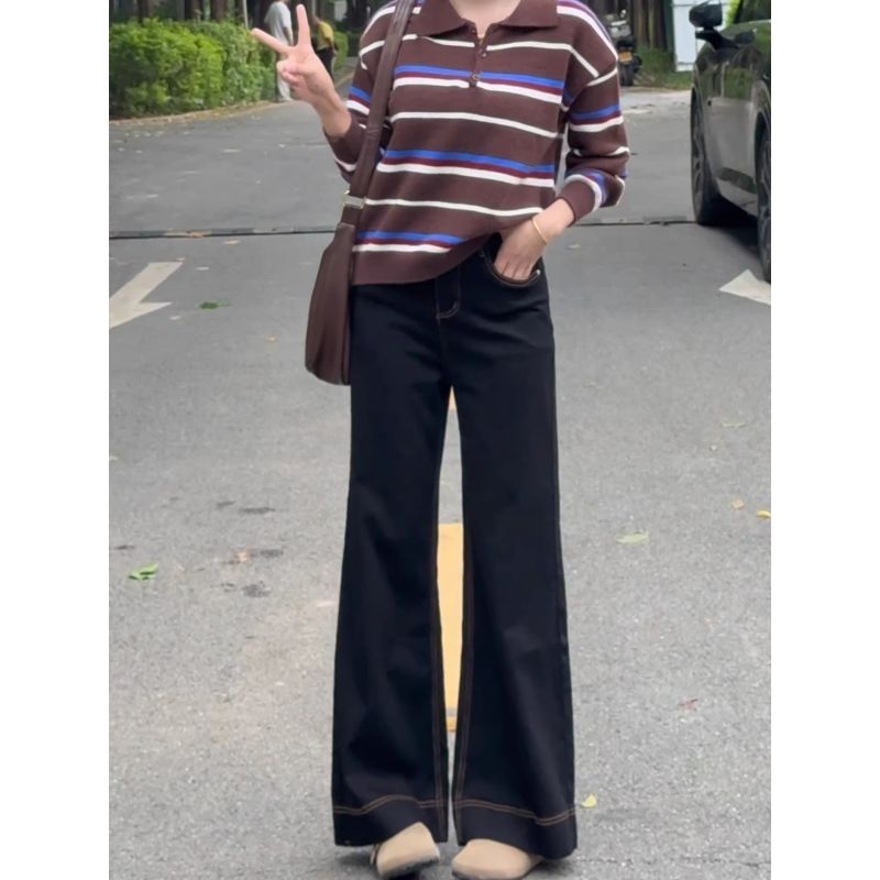 黑色寬松微喇牛仔褲女2026新款通勤高個子高腰修身顯瘦喇叭長褲子