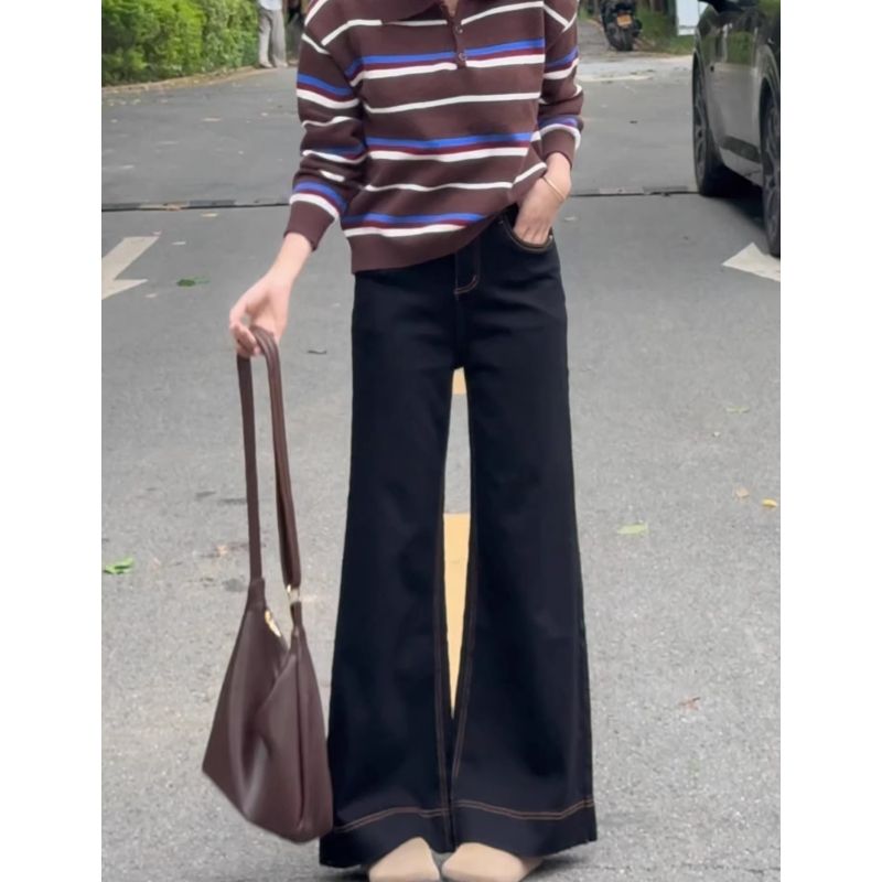 黑色寬松微喇牛仔褲女2026新款通勤高個子高腰修身顯瘦喇叭長褲子