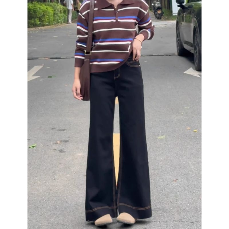 黑色寬松微喇牛仔褲女2026新款通勤高個子高腰修身顯瘦喇叭長褲子
