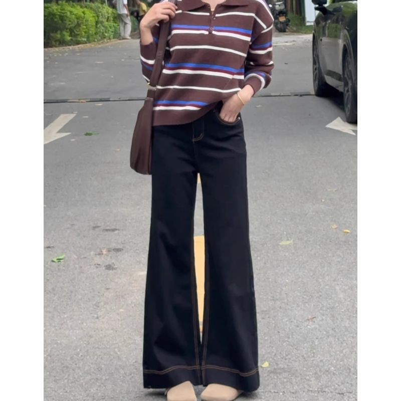 黑色寬松微喇牛仔褲女2026新款通勤高個子高腰修身顯瘦喇叭長褲子