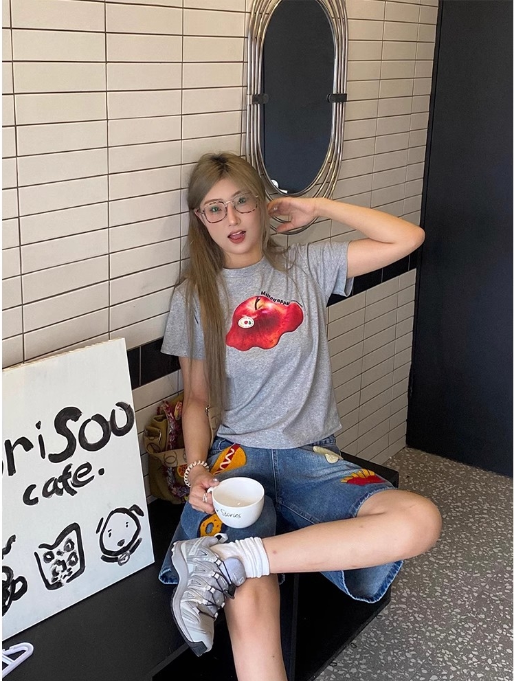 美式復古毛巾繡五分牛仔褲女夏季高腰寬松直筒闊腿中褲