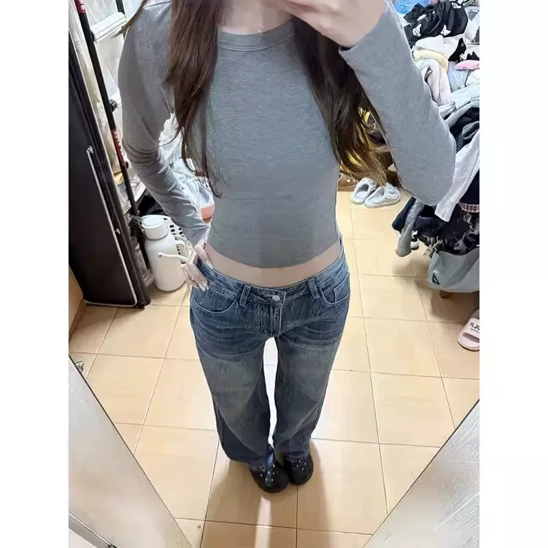 繡標水洗復古藍闊腿牛仔褲女2026夏季新款低腰寬松顯瘦休閑直筒褲