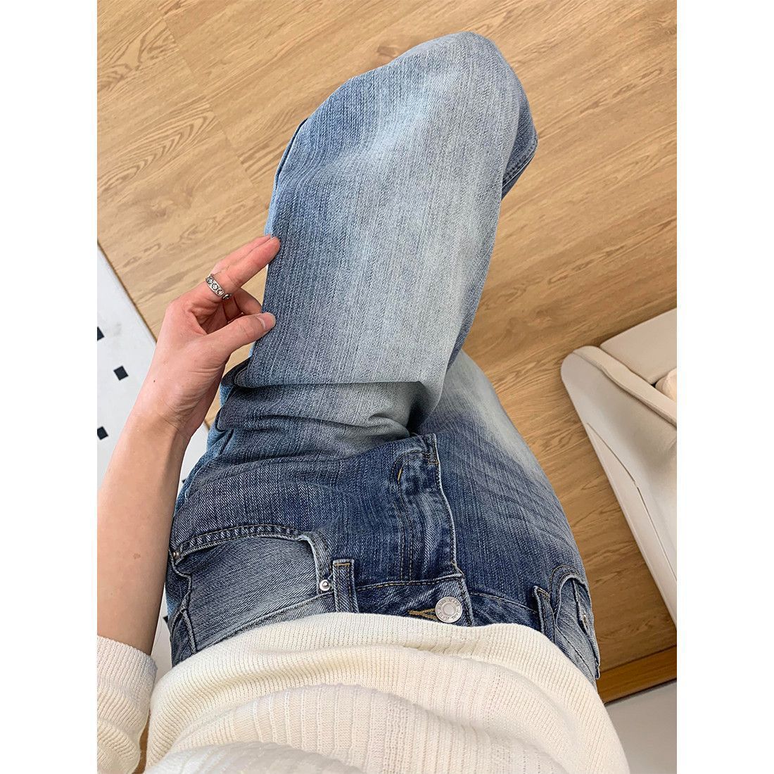 爆款美式復古闊腿牛仔褲女春夏高腰竹節紋垂感顯瘦拖地褲