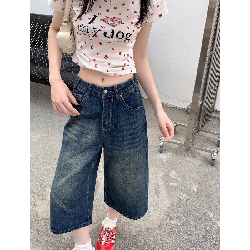 做舊復古水洗七分牛仔褲女裝夏季寬松百搭闊腿褲直筒中褲