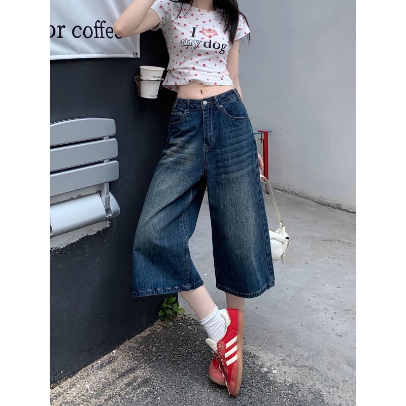 做舊復古水洗七分牛仔褲女裝夏季寬松百搭闊腿褲直筒中褲