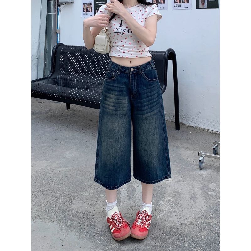 做舊復古水洗七分牛仔褲女裝夏季寬松百搭闊腿褲直筒中褲