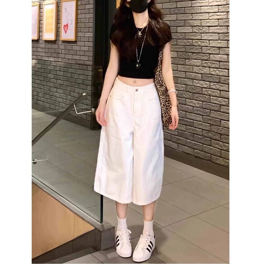 白色水洗牛仔褲女夏季新款顯瘦百搭直筒褲寬松中褲高腰七分褲潮