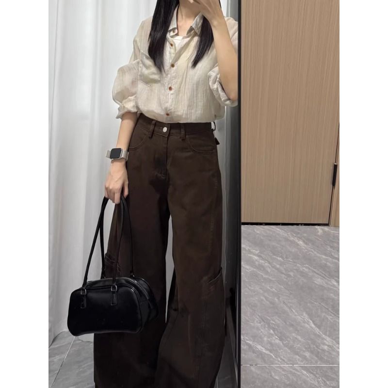 小個子咖色工裝牛仔褲女春夏復古美拉德穿搭高腰顯瘦闊腿拖地褲子