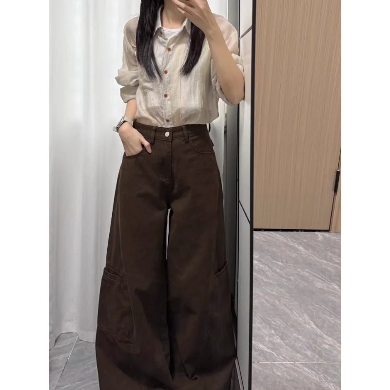 小個子咖色工裝牛仔褲女春夏復古美拉德穿搭高腰顯瘦闊腿拖地褲子