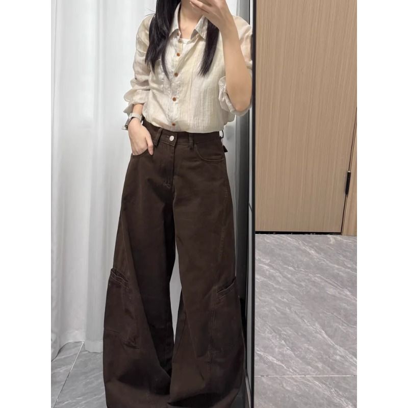 小個子咖色工裝牛仔褲女春夏復古美拉德穿搭高腰顯瘦闊腿拖地褲子