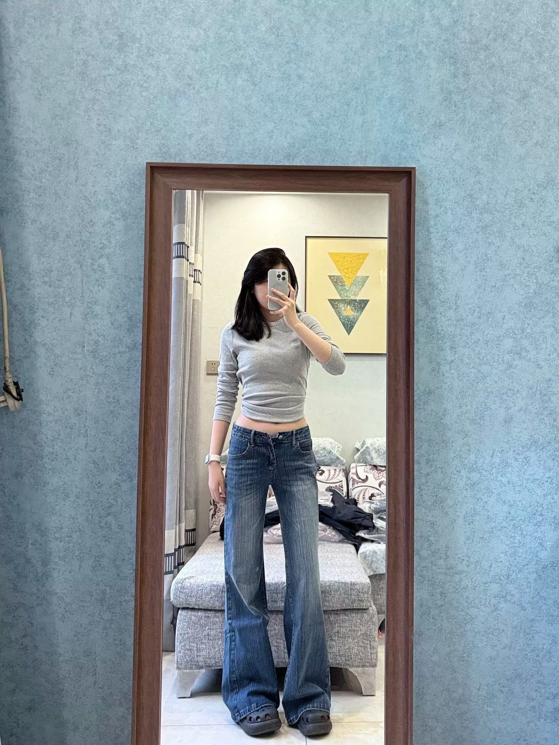 韓式復古藍竹節紋闊腿牛仔褲女 2026 夏辣妹寬松顯瘦微喇叭長褲