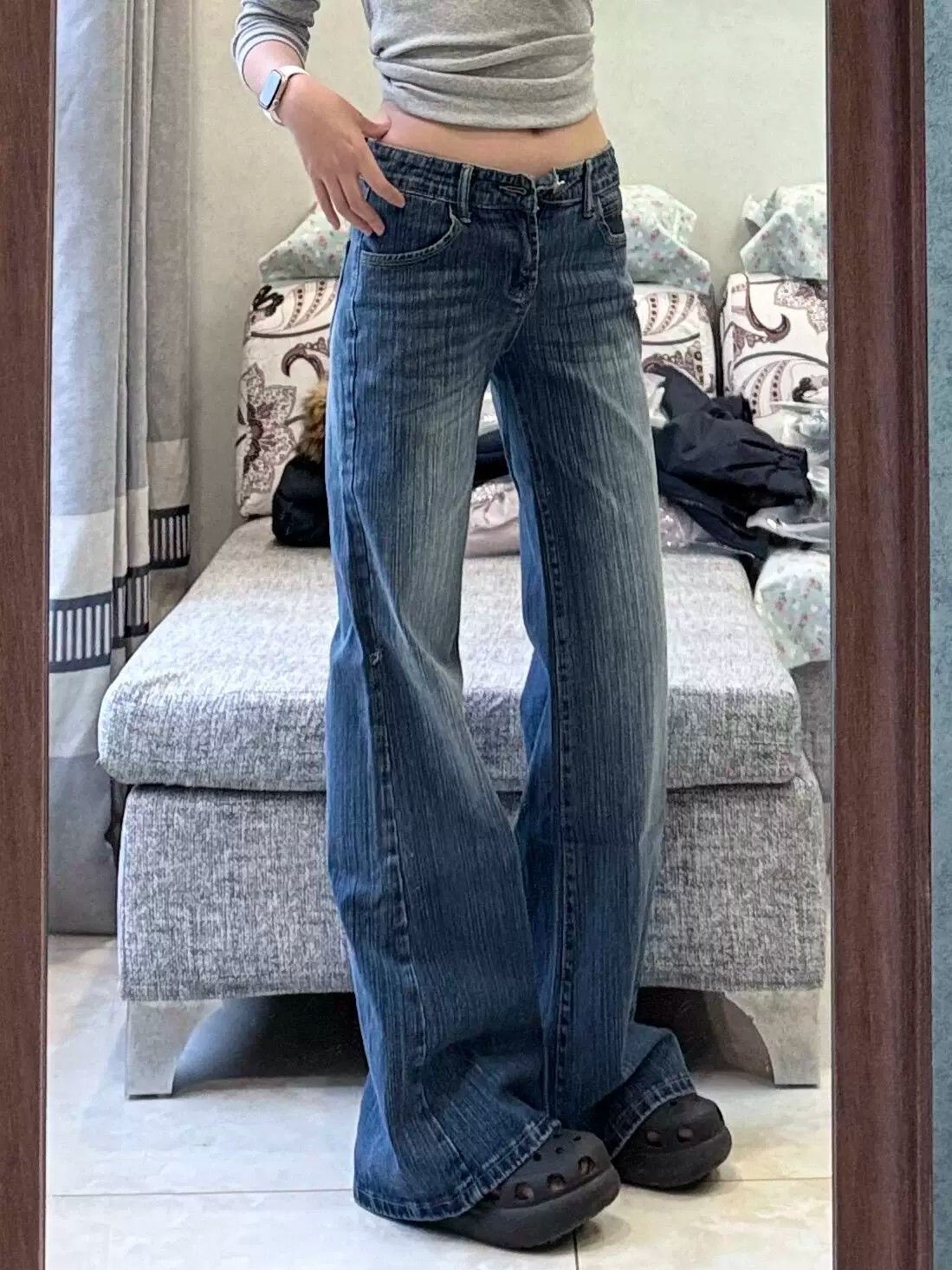 韓式復古藍竹節紋闊腿牛仔褲女 2026 夏辣妹寬松顯瘦微喇叭長褲