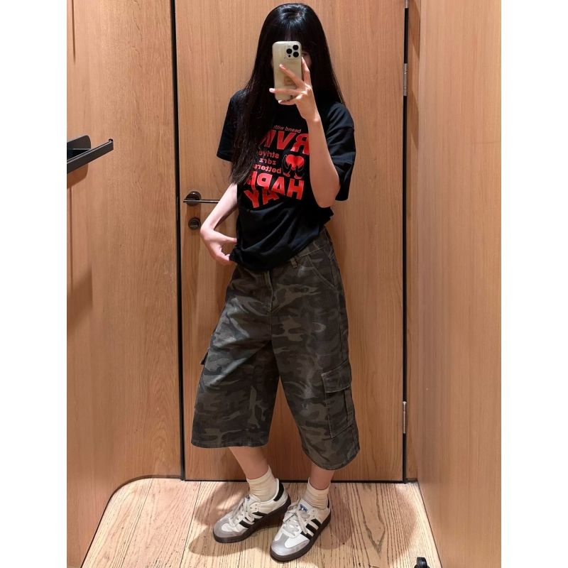 美式復古迷彩工裝牛仔短褲女夏季新款高腰寬松顯瘦百搭直筒七分褲