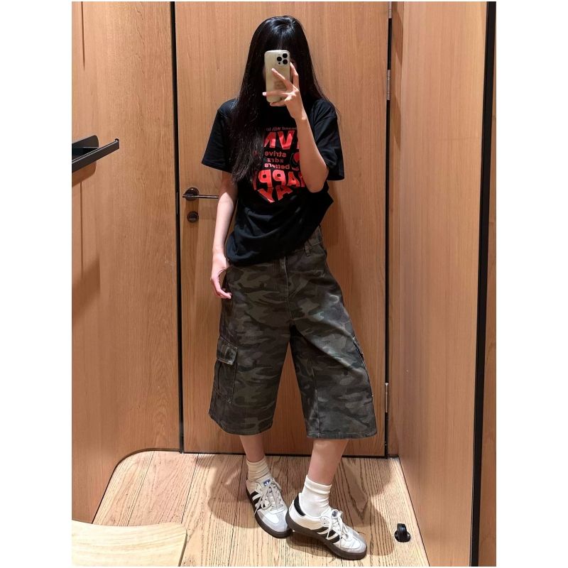 美式復古迷彩工裝牛仔短褲女夏季新款高腰寬松顯瘦百搭直筒七分褲