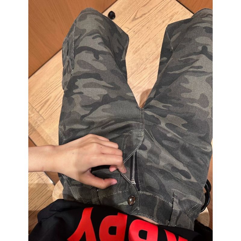 美式復古迷彩工裝牛仔短褲女夏季新款高腰寬松顯瘦百搭直筒七分褲