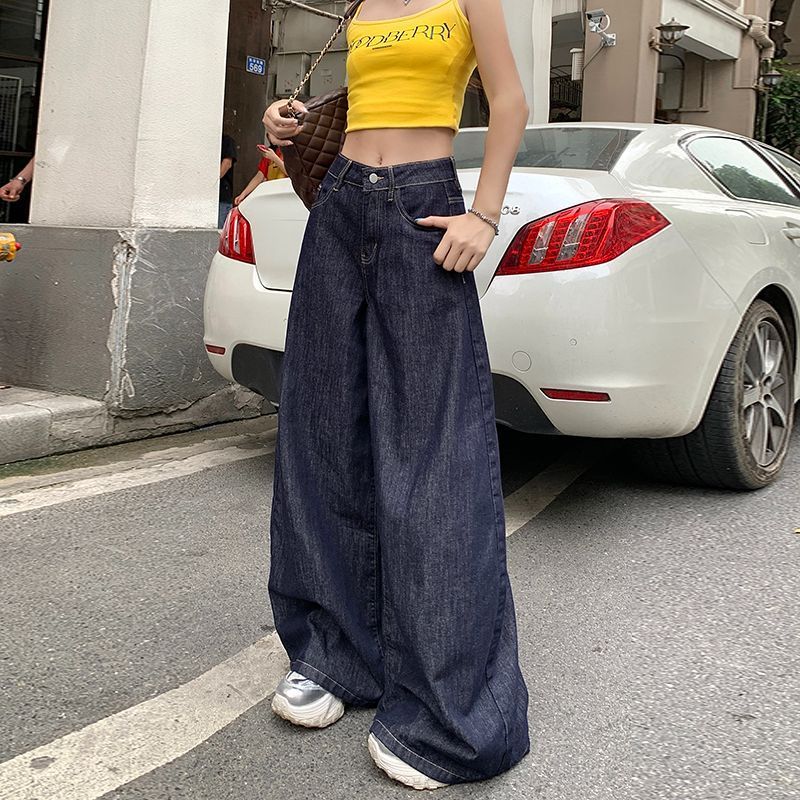 韓式深藍色寬松復古闊腿牛仔褲2026新款高腰辣妹顯瘦直筒拖地褲子