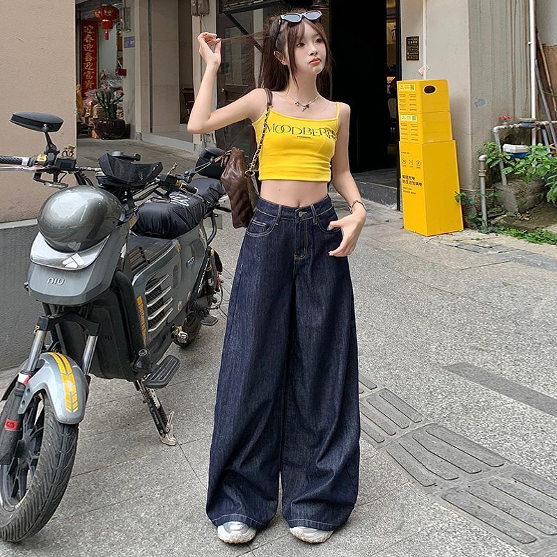 韓式深藍色寬松復古闊腿牛仔褲2026新款高腰辣妹顯瘦直筒拖地褲子