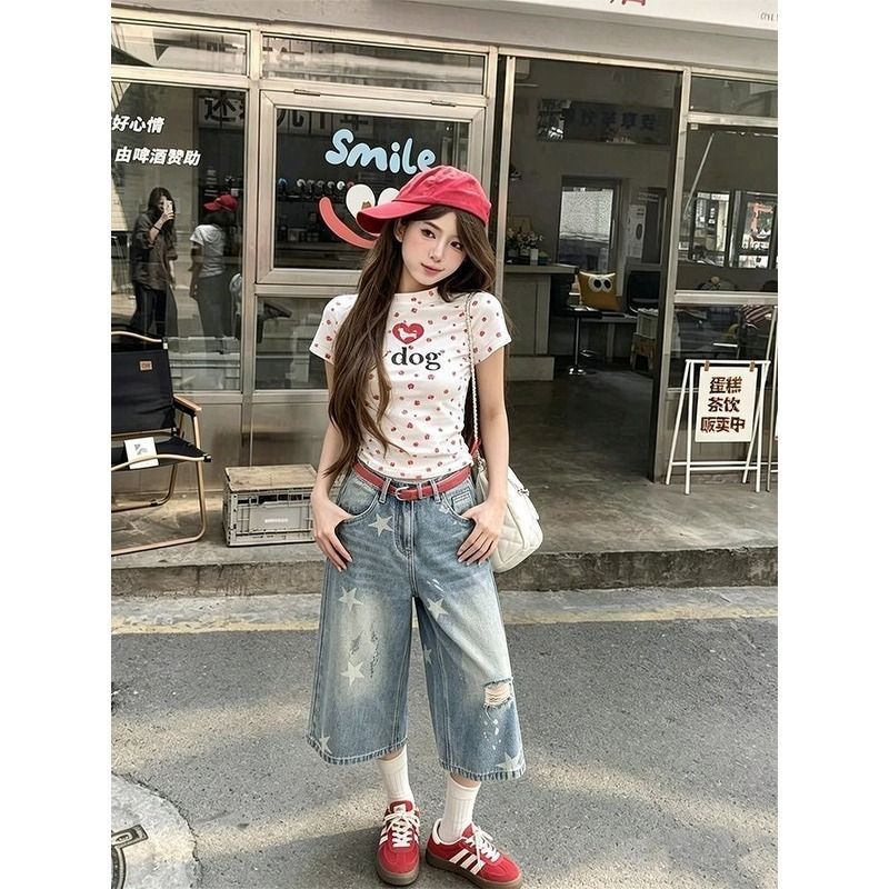 小個子水洗星星印花破洞設計七分牛仔褲女夏季寬松顯瘦直筒中褲子