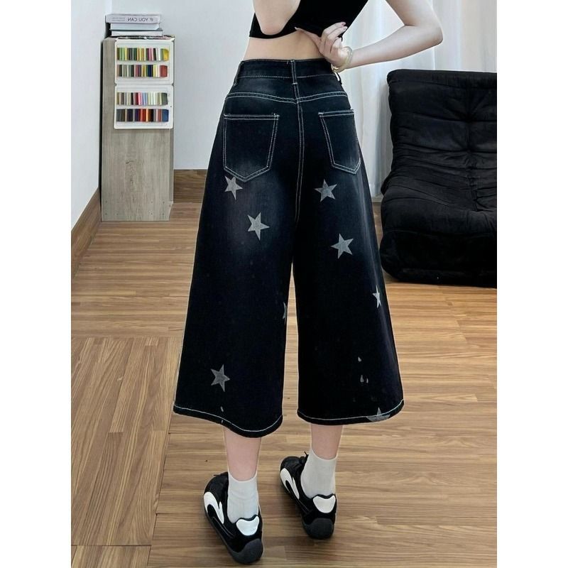 小個子高街黑灰色潮酷星星印花直筒七分牛仔褲女夏季新款寬松中褲