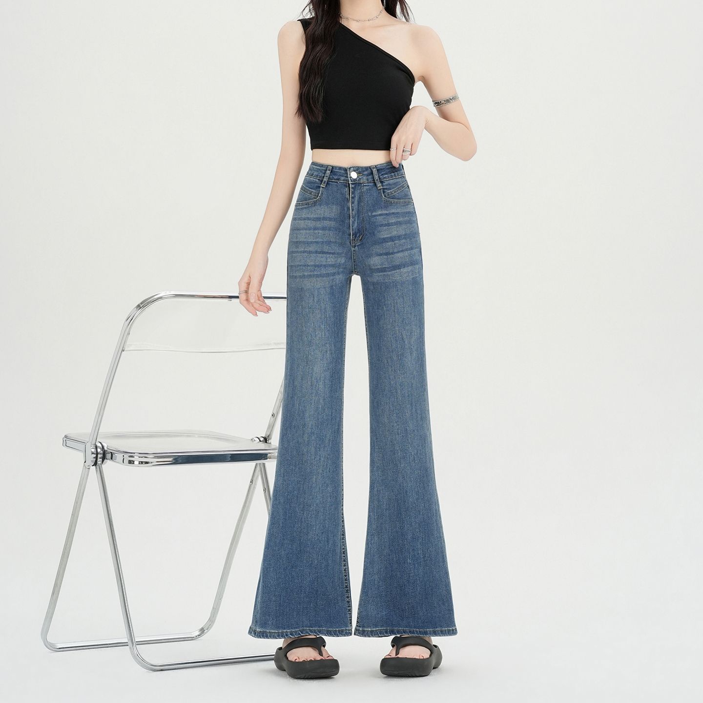 美式復古微喇牛仔褲女2026夏季新款簡約款時尚修身拖地微喇叭褲子