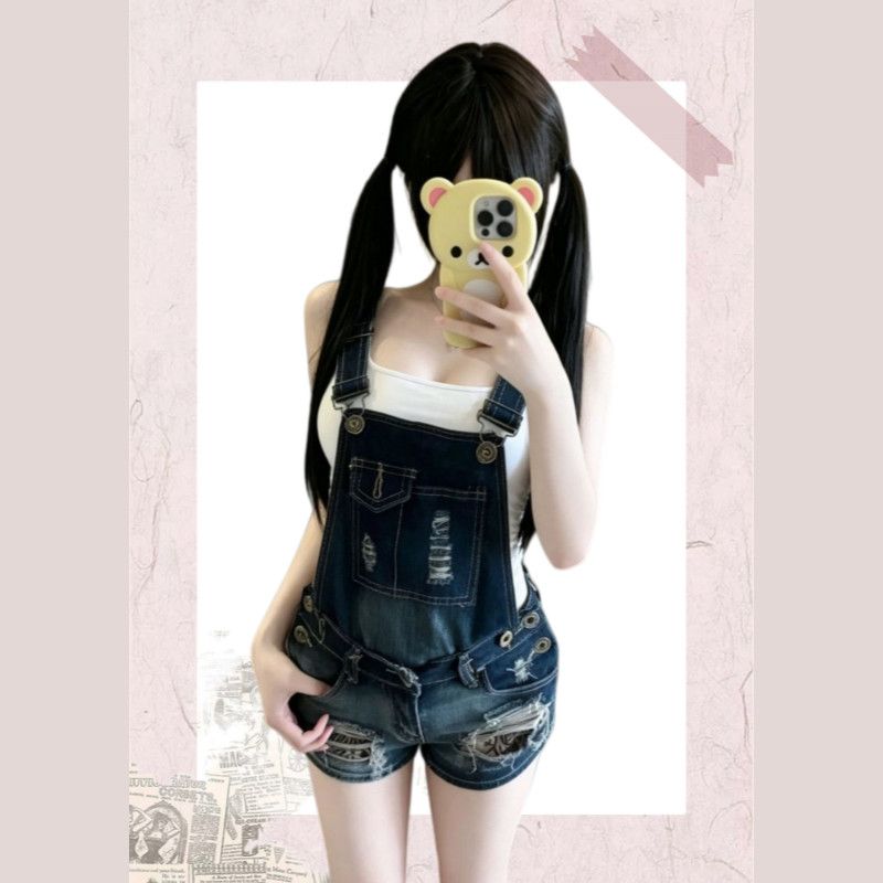 美式隨性破洞背帶短褲女可拆卸肩帶低腰直筒夏款女生小眾牛仔熱褲