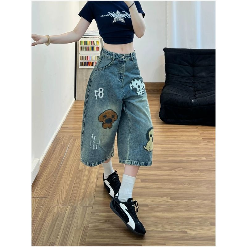 復古卡通小狗刺繡直筒七分牛仔褲女款2026夏季新款寬松闊腿短褲潮