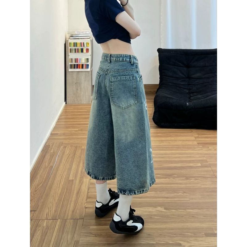復古卡通小狗刺繡直筒七分牛仔褲女款2026夏季新款寬松闊腿短褲潮