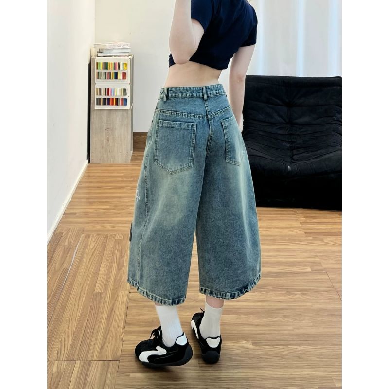 復古卡通小狗刺繡直筒七分牛仔褲女款2026夏季新款寬松闊腿短褲潮