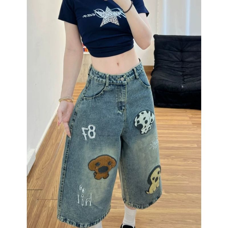 復古卡通小狗刺繡直筒七分牛仔褲女款2026夏季新款寬松闊腿短褲潮