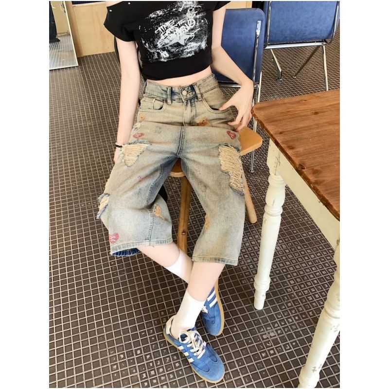 甜辣風小熊刺繡破洞水洗牛仔七分褲女復古高腰闊腿顯瘦百搭中褲潮