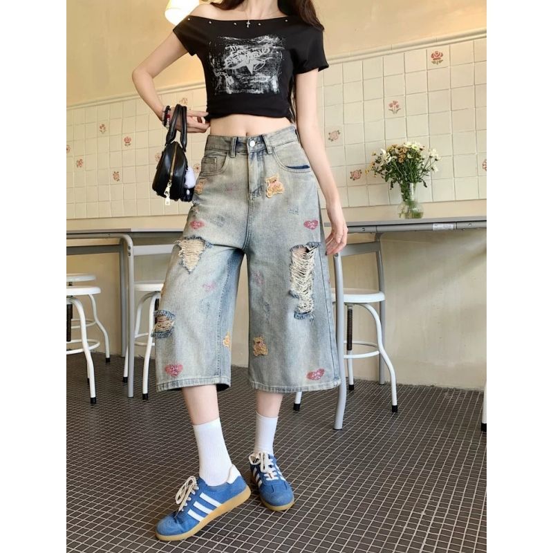 甜辣風小熊刺繡破洞水洗牛仔七分褲女復古高腰闊腿顯瘦百搭中褲潮