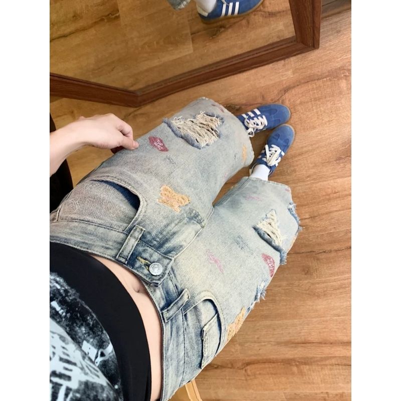 甜辣風小熊刺繡破洞水洗牛仔七分褲女復古高腰闊腿顯瘦百搭中褲潮