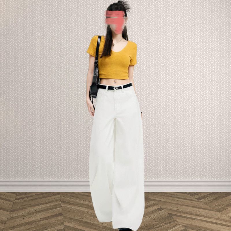 純色闊腿牛仔褲女2026夏季新款寬松顯瘦百搭氣質休閑風悠閑闊腿褲