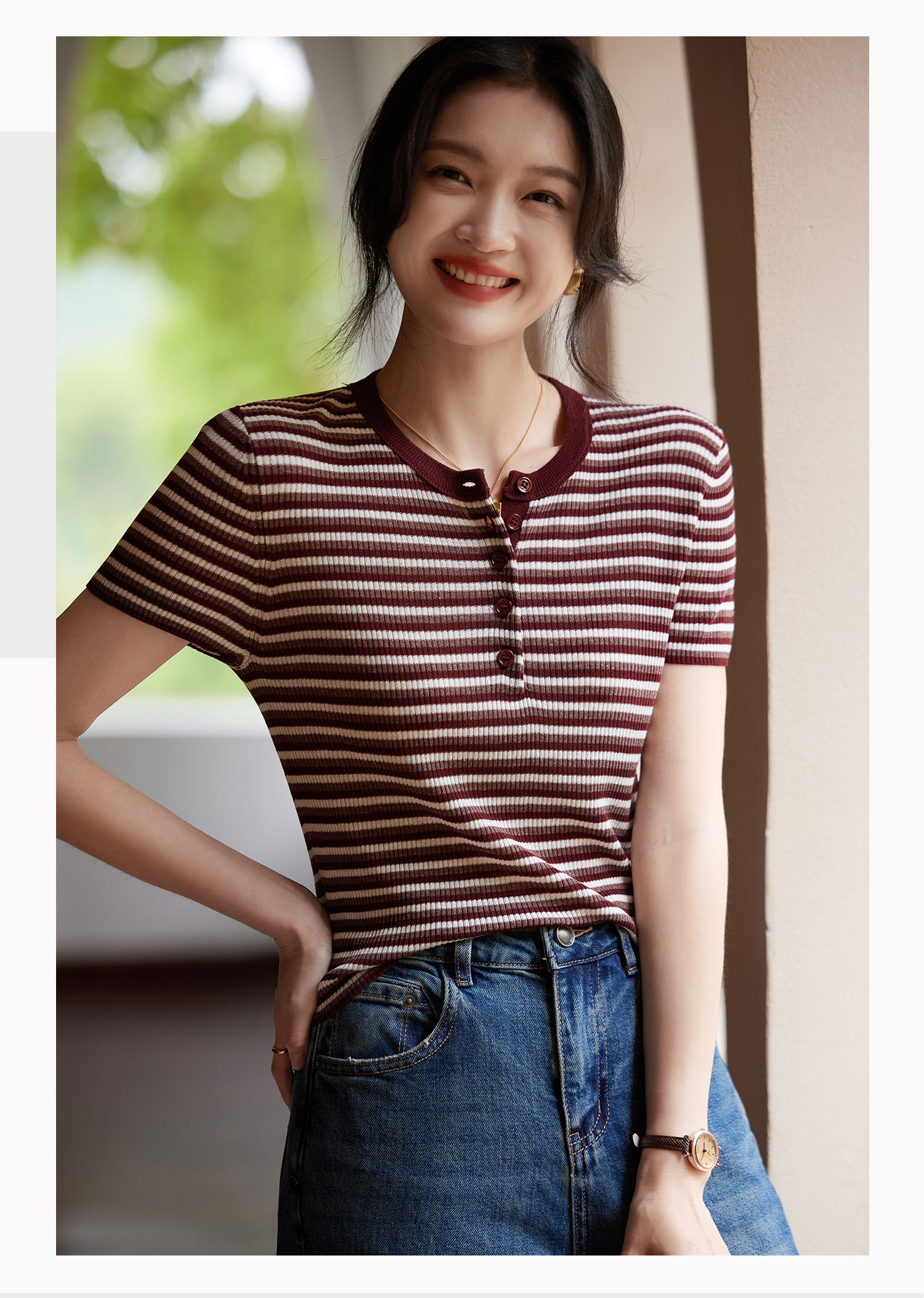 美式復古紅色條紋針織短袖T恤女2026夏季新款超好看修身正肩上衣