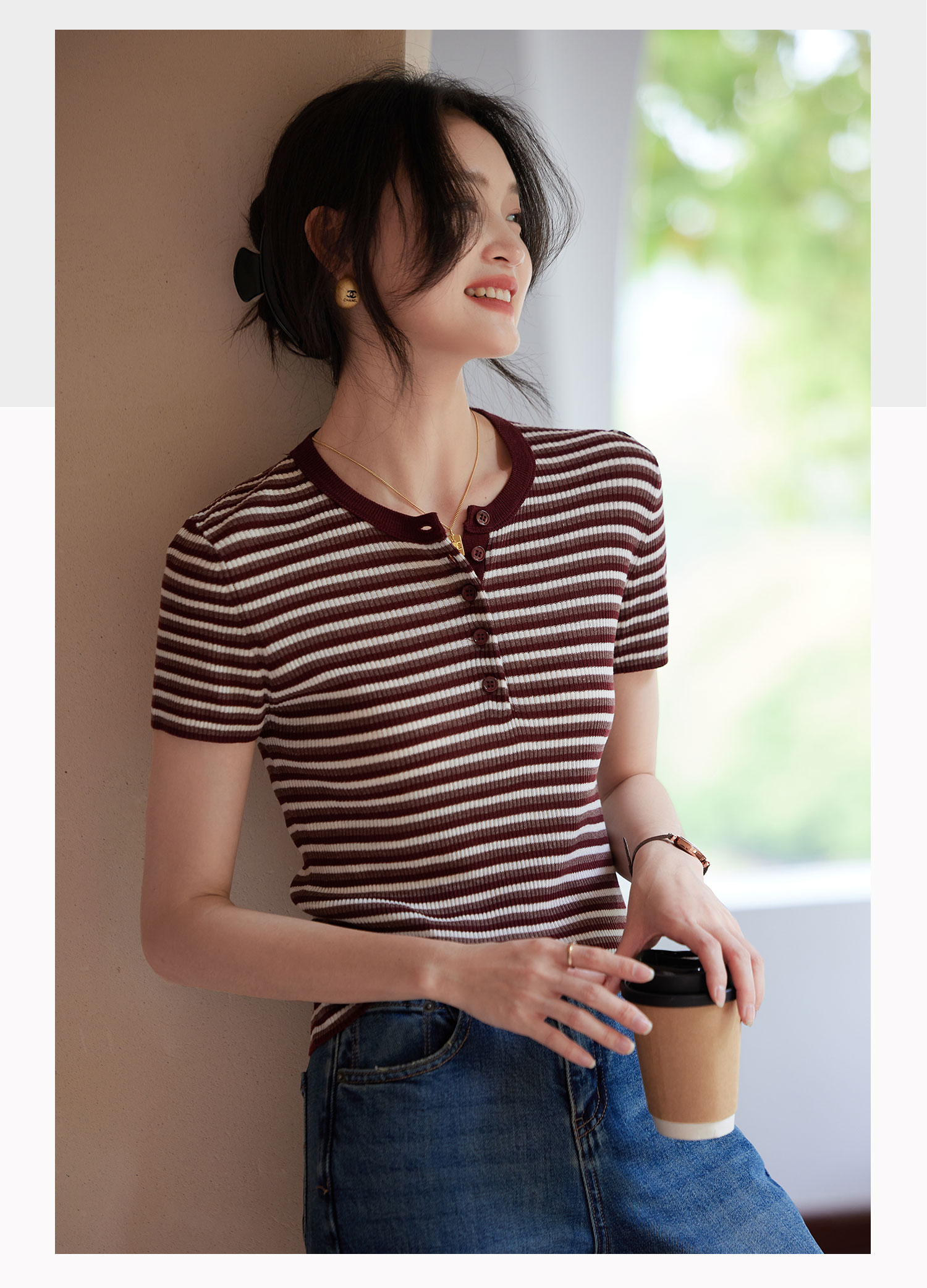 美式復古紅色條紋針織短袖T恤女2026夏季新款超好看修身正肩上衣