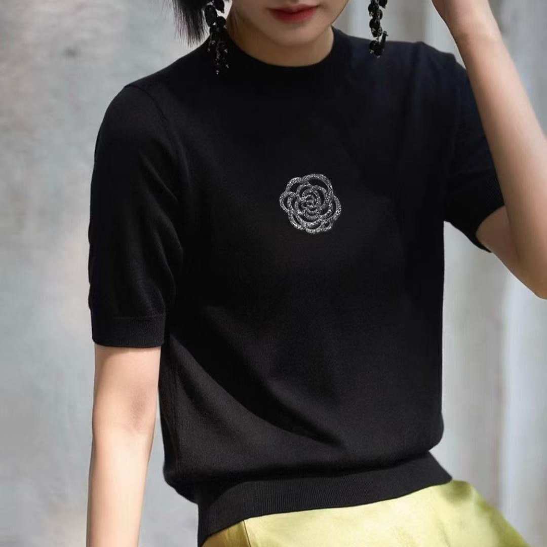 2026新款夏季山茶花曲珠圓領針織衫短袖t恤衫女上衣
