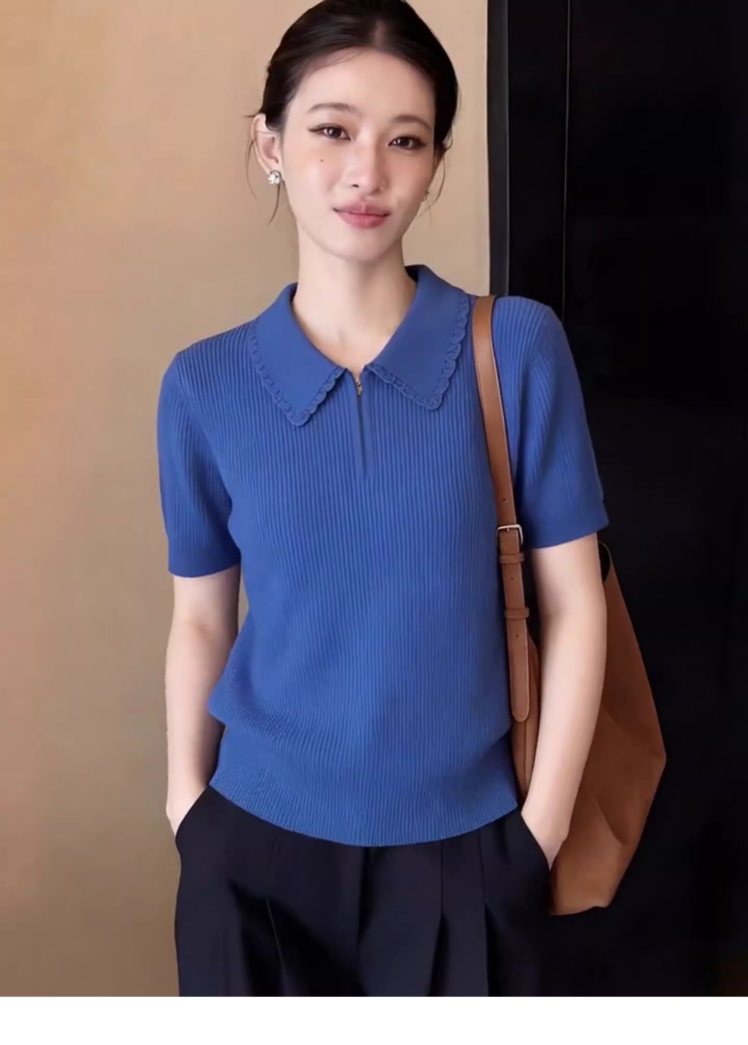 藍色溫柔風精致花邊翻領針織T恤女2026夏季新款半拉鏈大碼上衣