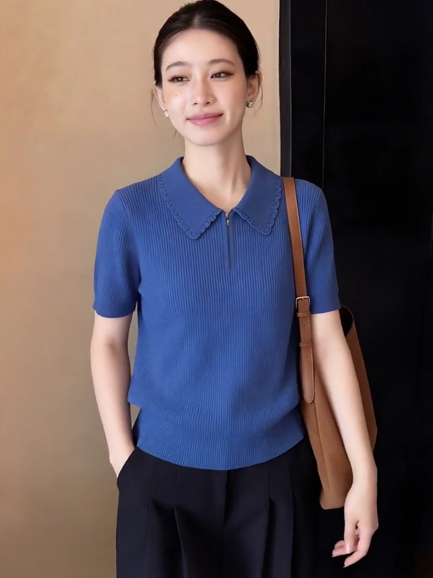 藍色溫柔風精致花邊翻領針織T恤女2026夏季新款半拉鏈大碼上衣