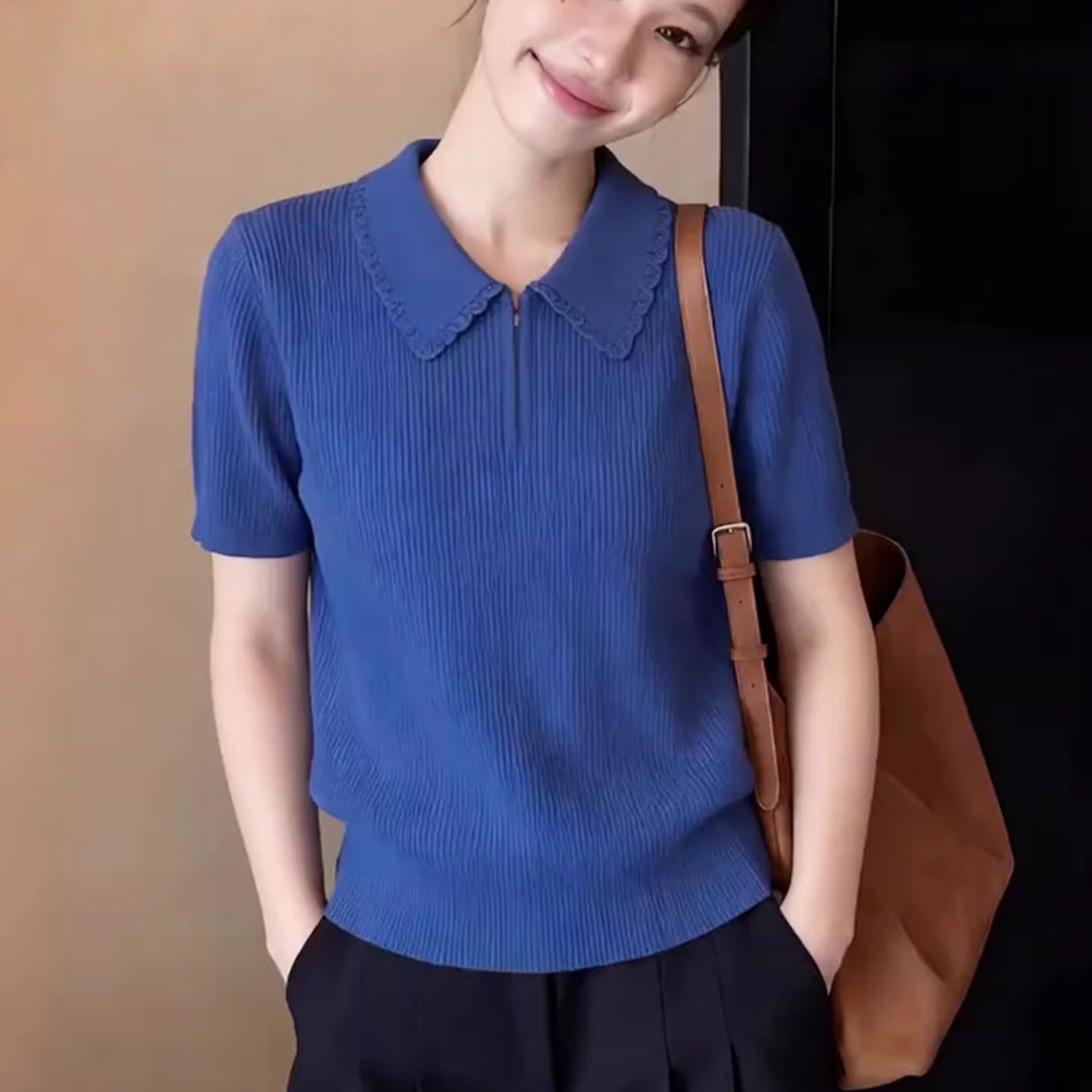 藍色溫柔風精致花邊翻領針織T恤女2026夏季新款半拉鏈大碼上衣