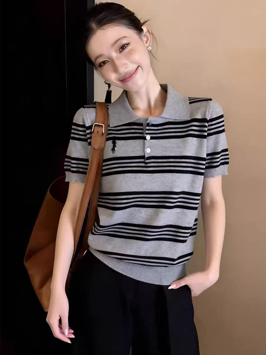 復古風條紋POLO領短袖針織衫女夏季新款寬松顯瘦百搭休閑軟糯上衣