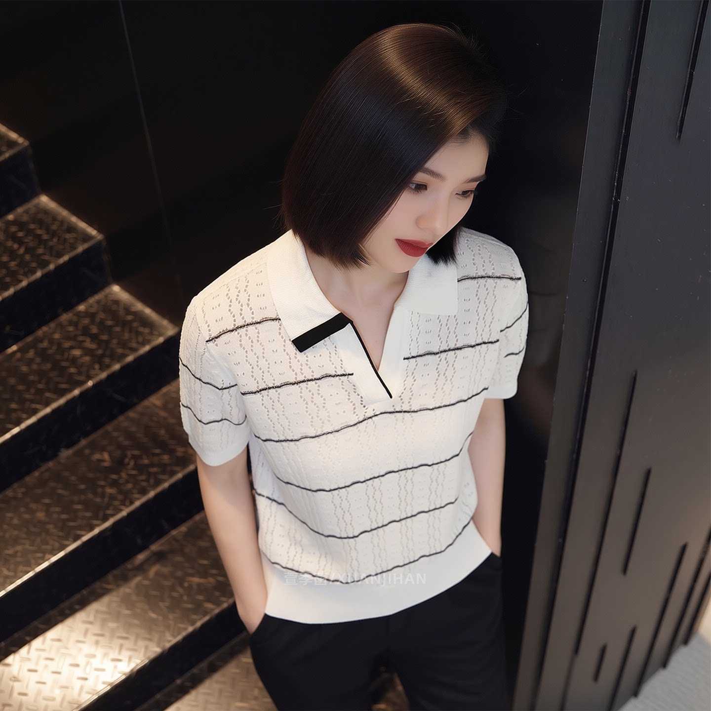 2026春季新款輕熟優雅風鏤空條紋POLO領針織短袖T恤女士百搭氣質