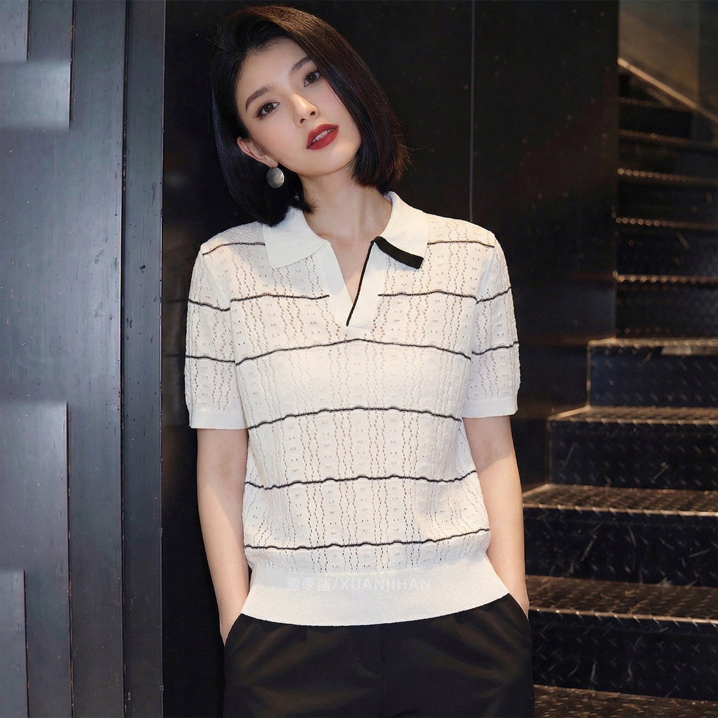 2026春季新款輕熟優雅風鏤空條紋POLO領針織短袖T恤女士百搭氣質